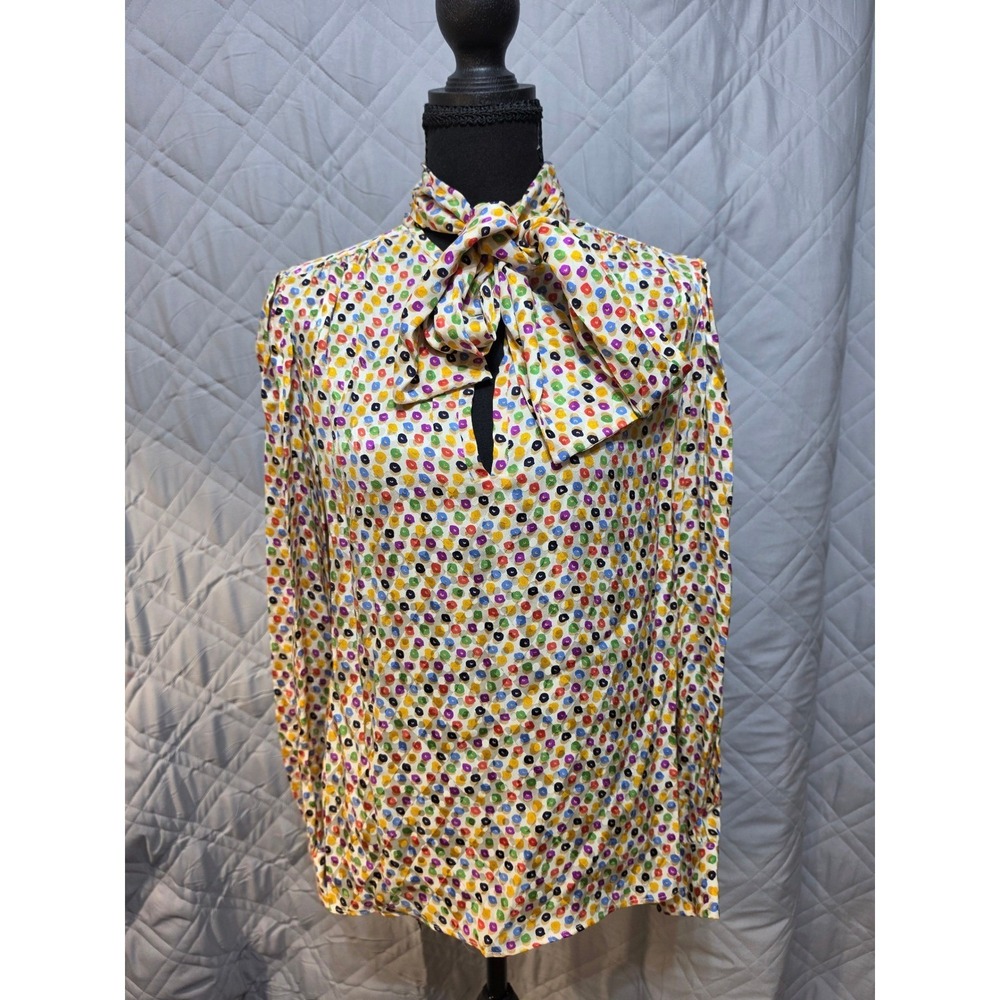 Saint Laurent Rive Gauche Vintage Multicolor Dot Bow Neck Blouse France Made